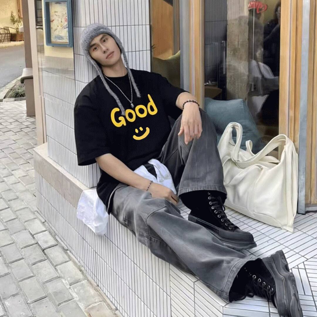 166# American streetwear celebrity same style GOOD smiley print short sleeve T-shirt P30