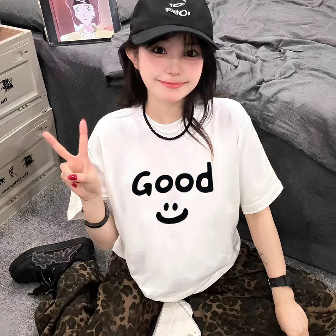 166# American streetwear celebrity same style GOOD smiley print short sleeve T-shirt P30
